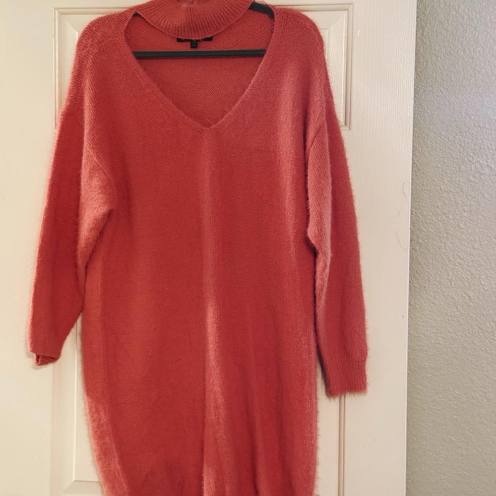 Eloquii Warm Coral V-Neck Neck Cutout Sweater Dress